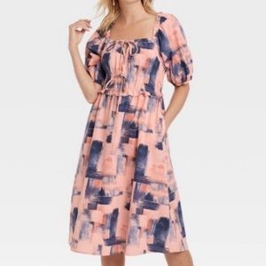 Universal Threads Blush Pink & Blue Puff Sleeve Pocket Midi Dress Size Medium